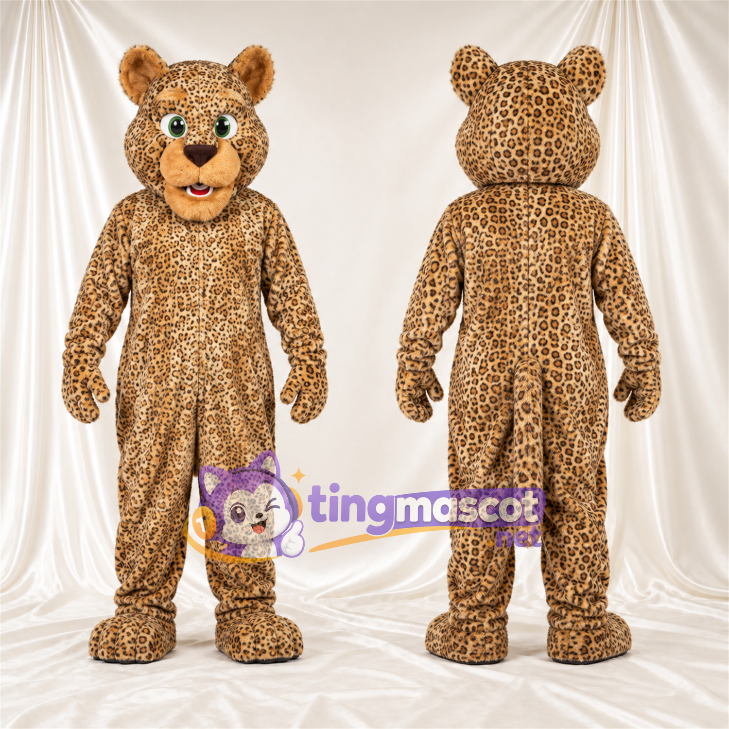 Costume de mascotte Léopard – brun clair / noir – Petites oreilles rondes; Yeux (vert) Costume de mascotte Léopard – brun clair / noir – Petites oreilles rondes; Yeux (vert)