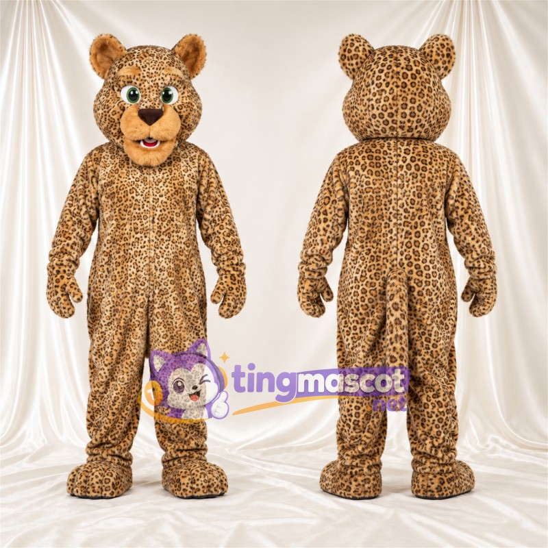 Costume de mascotte Léopard – brun clair / noir – Petites oreilles rondes; Yeux (vert)