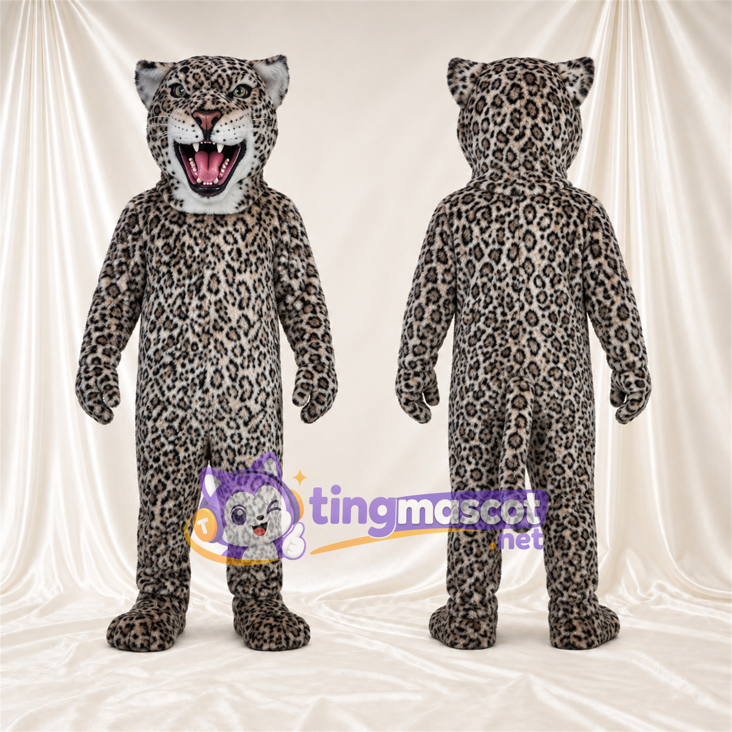 Costume de mascotte Léopard – gris / noir – Langue (rose); Crocs pointus Costume de mascotte Léopard – gris / noir – Langue (rose); Crocs pointus