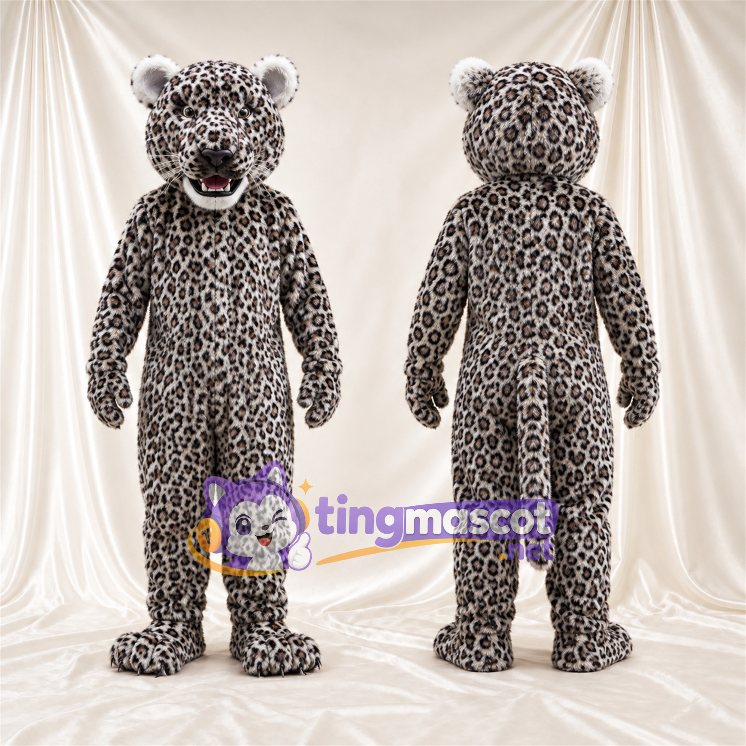 Costume de mascotte Léopard – gris / noir – Bouche ouverte; Taches en rosettes Costume de mascotte Léopard – gris / noir – Bouche ouverte; Taches en rosettes