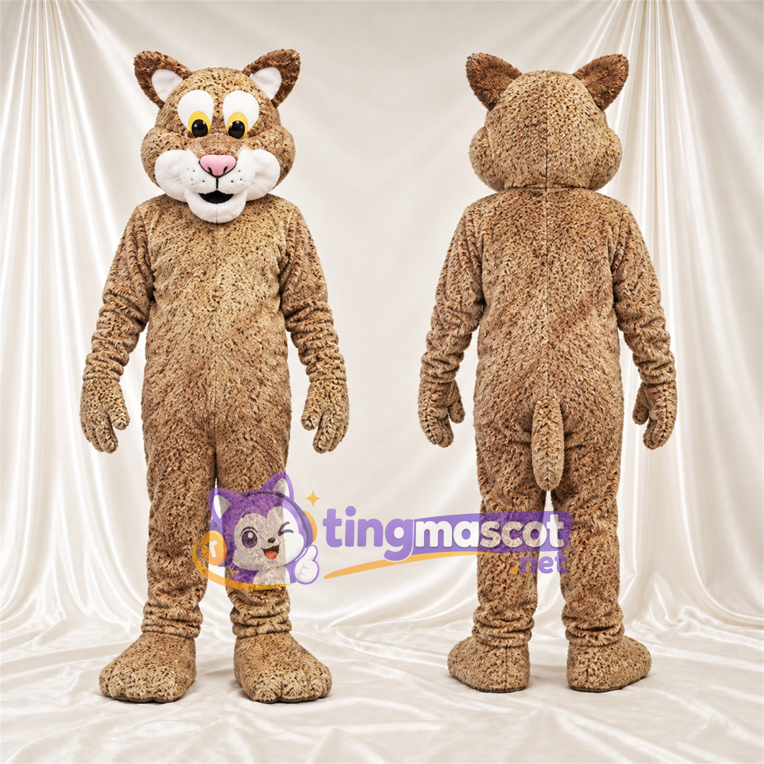 Tan and Black Bobcat Mascot Costume - White Muzzle and Yellow Eyes Tan and Black Bobcat Mascot Costume - White Muzzle and Yellow Eyes