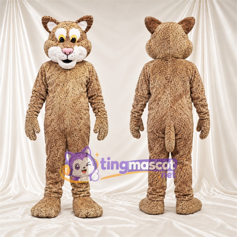 Tan and Black Bobcat Mascot Costume - White Muzzle and Yellow Eyes