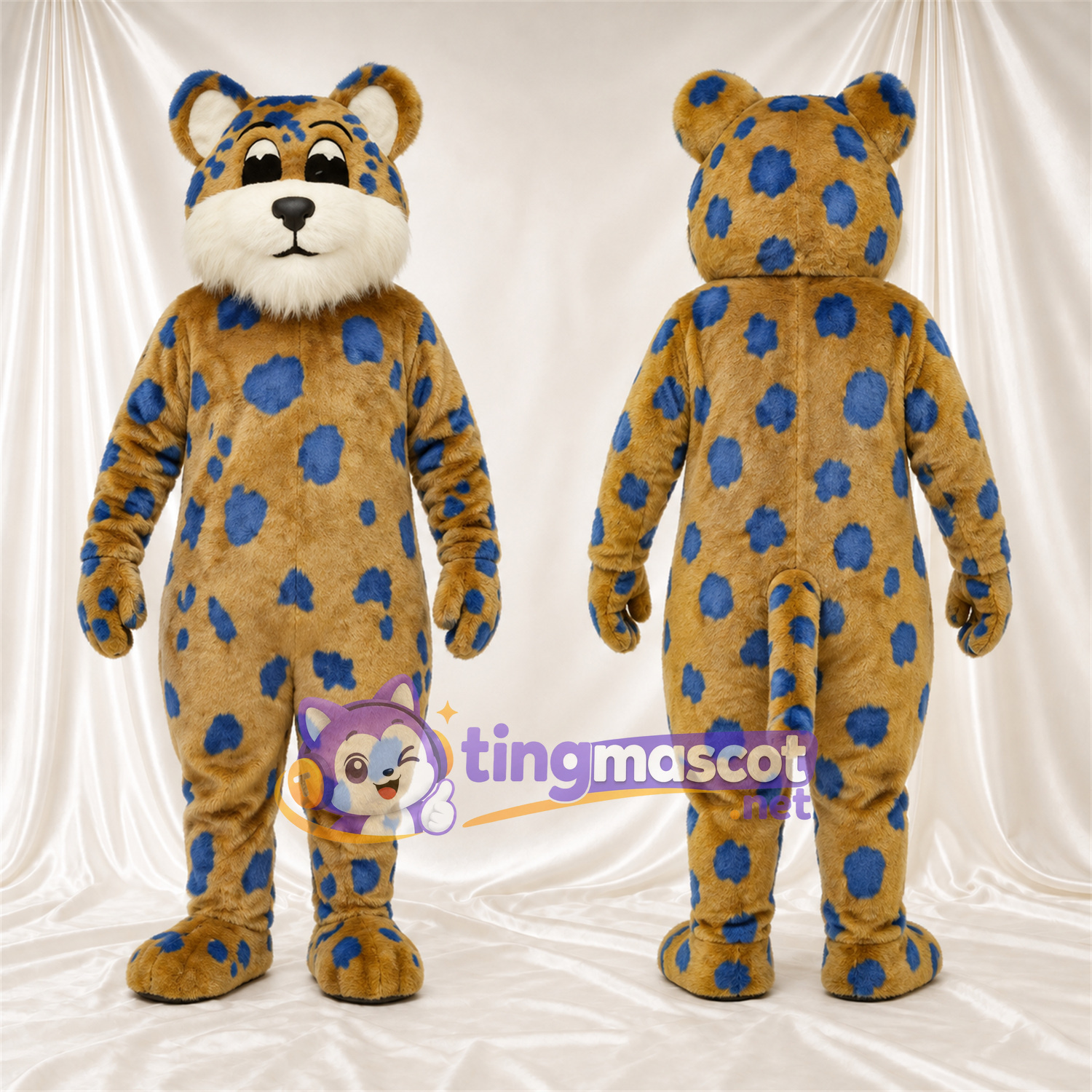 Costume de mascotte Léopard – brun clair – Taches (bleu) Costume de mascotte Léopard – brun clair – Taches (bleu)
