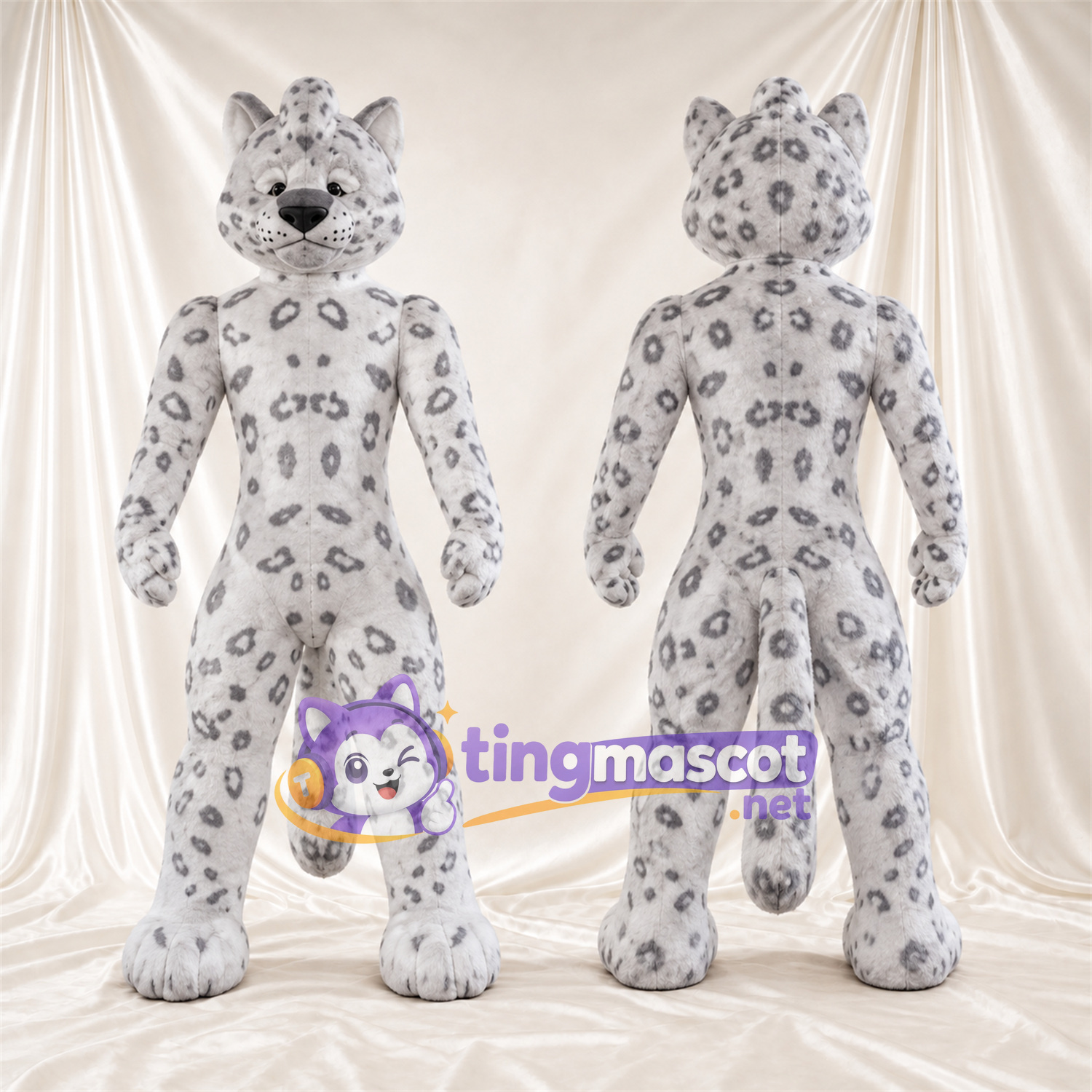 Costume de mascotte Léopard des neiges – blanc / gris – Taches en rosettes; Fourrure hirsute Costume de mascotte Léopard des neiges – blanc / gris – Taches en rosettes; Fourrure hirsute