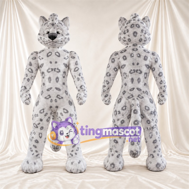 Costume de mascotte Léopard des neiges – blanc / gris – Taches en rosettes; Fourrure hirsute