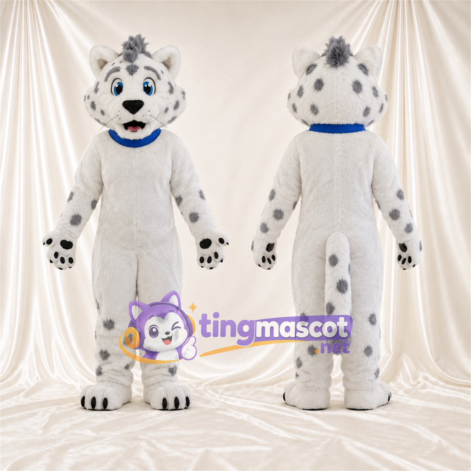 Costume de mascotte Léopard des neiges – blanc / gris – Col (bleu) Costume de mascotte Léopard des neiges – blanc / gris – Col (bleu)