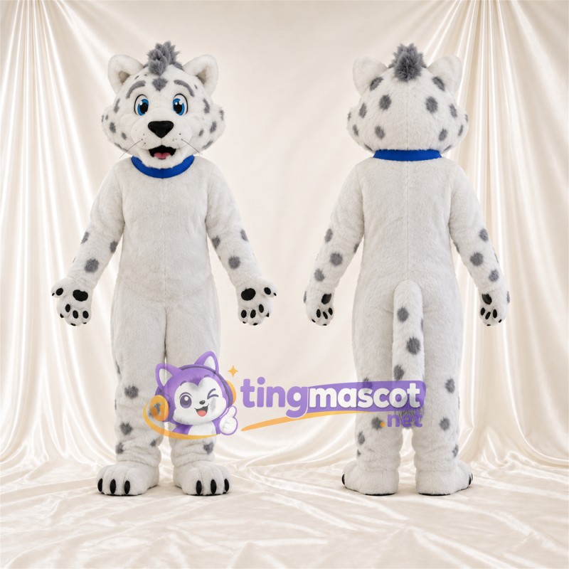 Costume de mascotte Léopard des neiges – blanc / gris – Col (bleu)