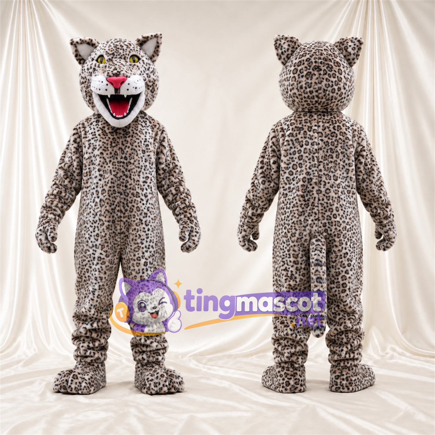 Costume de mascotte Léopard – gris / noir – Museau (blanc); Nez (rose) Costume de mascotte Léopard – gris / noir – Museau (blanc); Nez (rose)