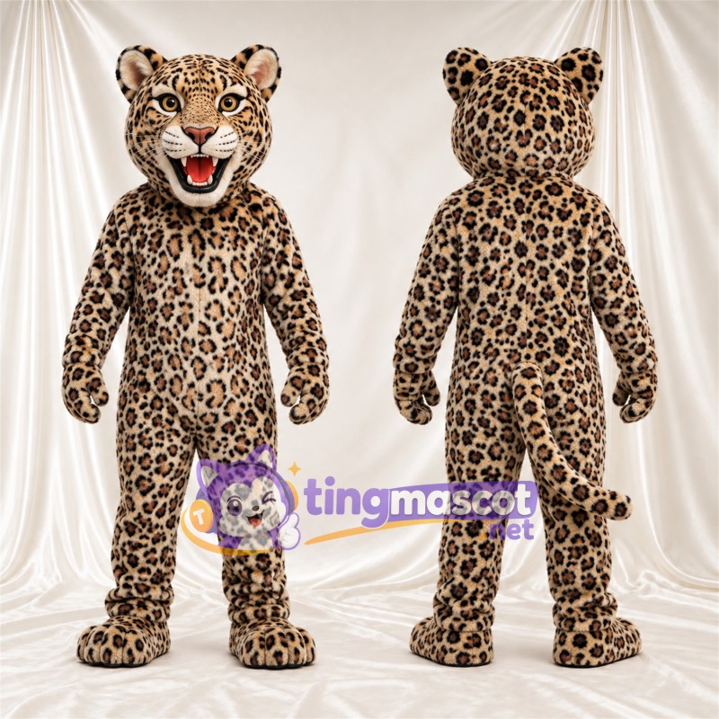 Costume de mascotte Léopard – brun clair / noir – Bouche ouverte; Crocs pointus