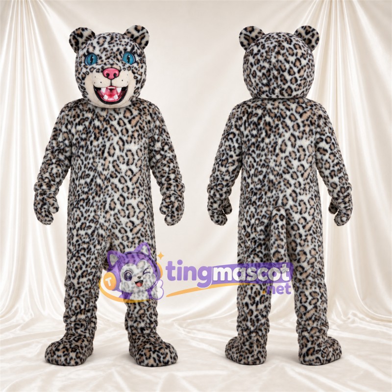 Maskottchenkostüm Leopard – grau / schwarz – Augen (blau); Zunge (rosa)