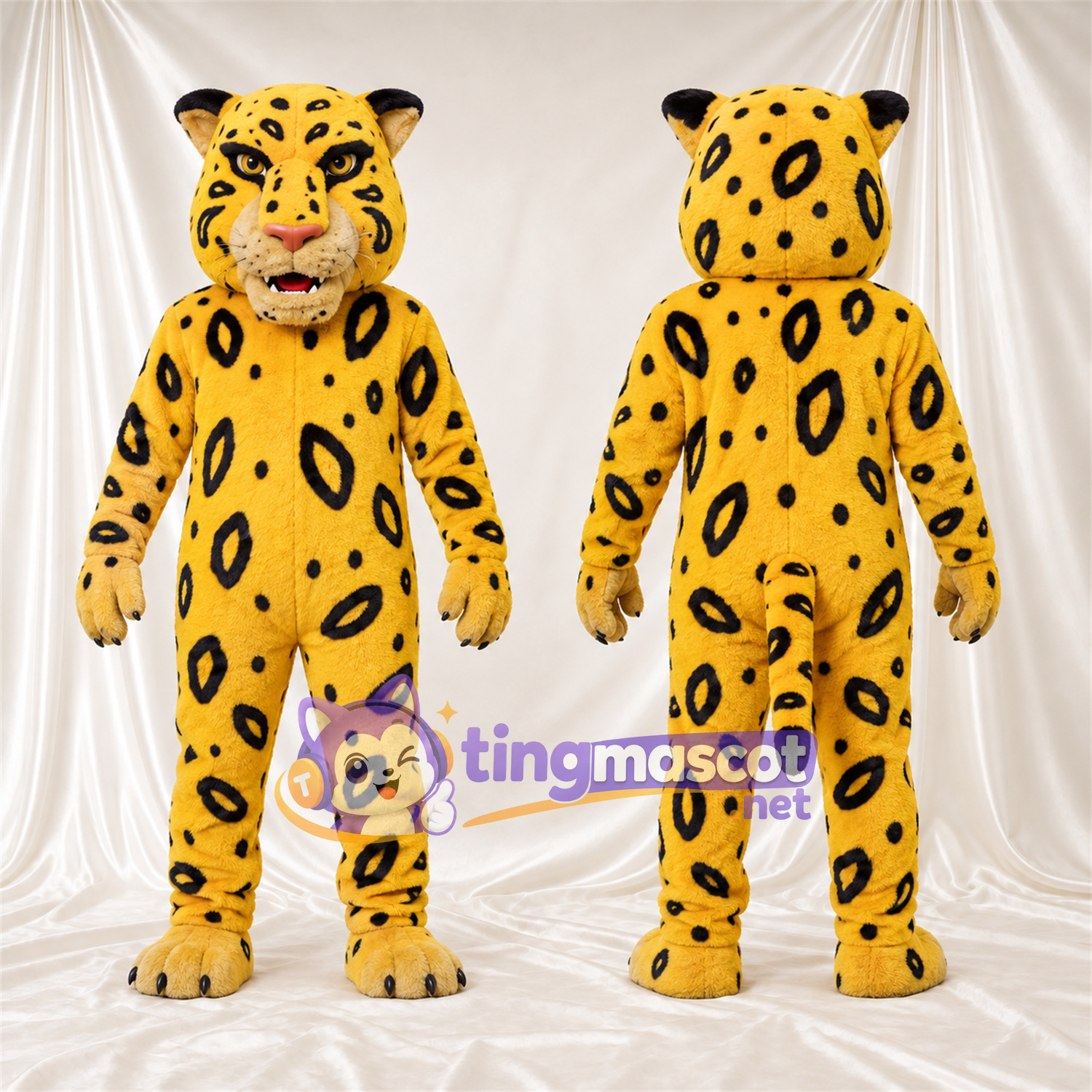Costume de mascotte Léopard – jaune / noir – Sourire avec dents; Taches en rosettes Costume de mascotte Léopard – jaune / noir – Sourire avec dents; Taches en rosettes