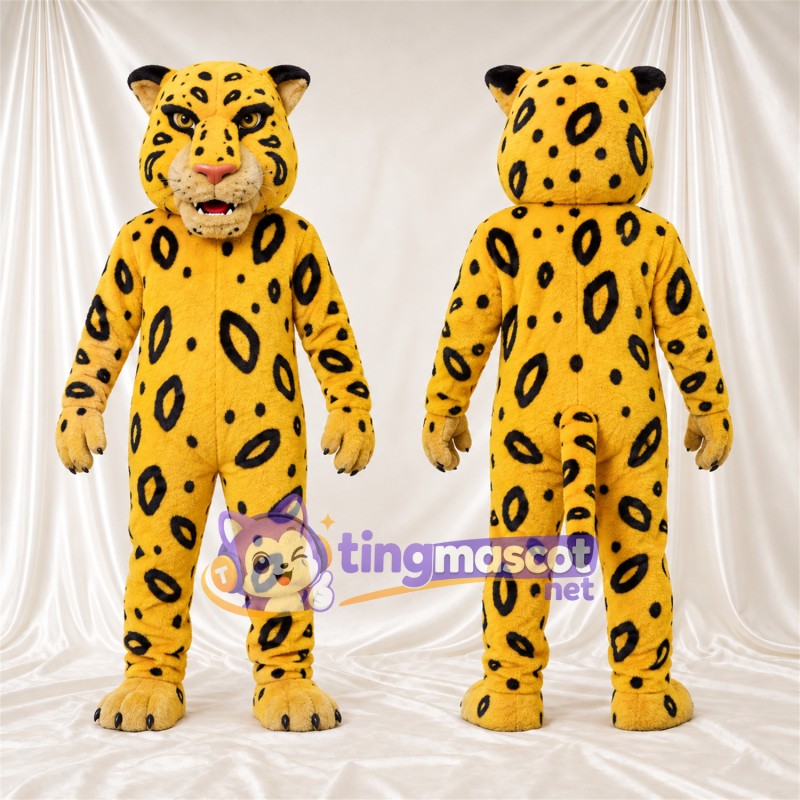 Costume de mascotte Léopard – jaune / noir – Sourire avec dents; Taches en rosettes