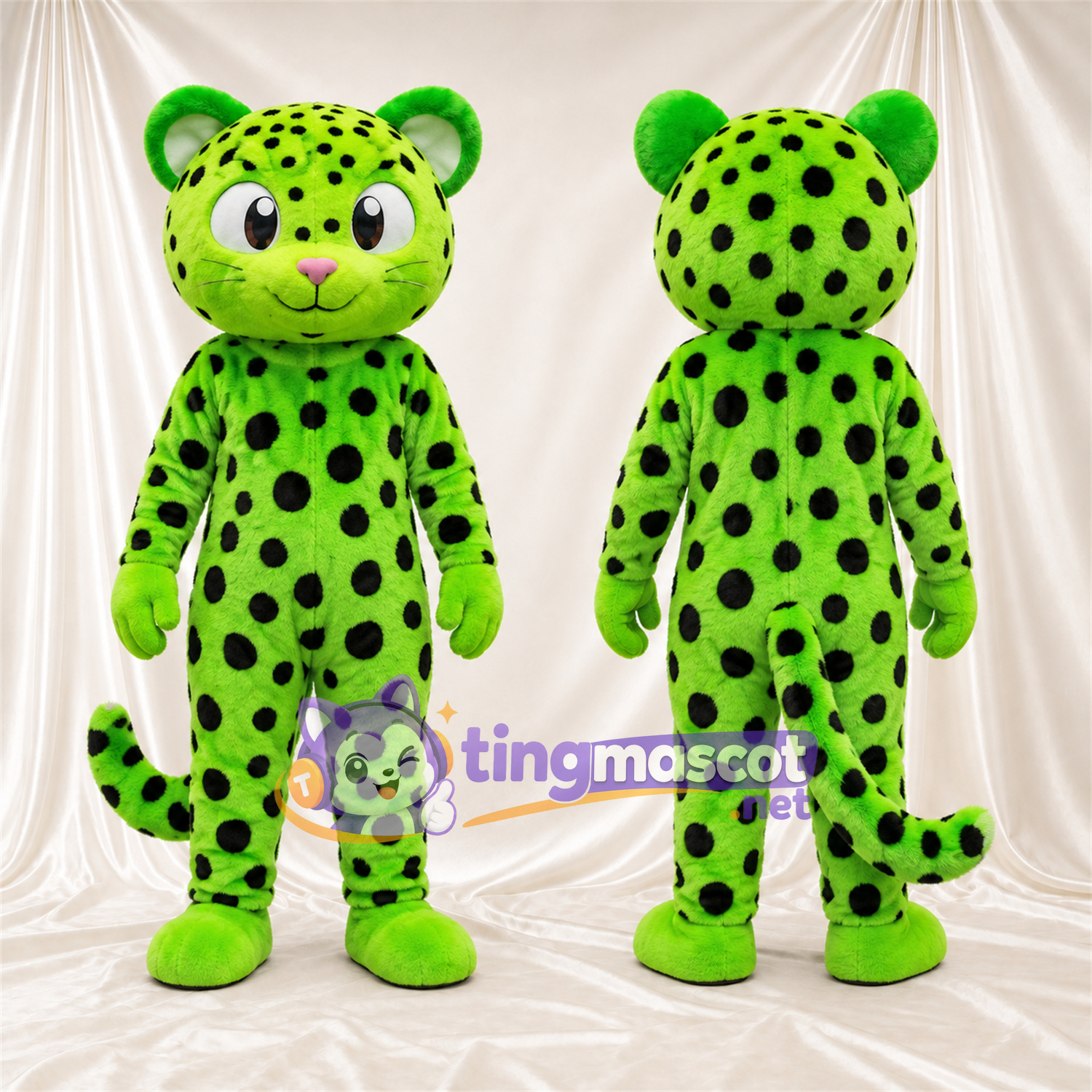 Maskottchenkostüm Leopard – grün / schwarz – Nase (rosa); Flecken (schwarz) Maskottchenkostüm Leopard – grün / schwarz – Nase (rosa); Flecken (schwarz)