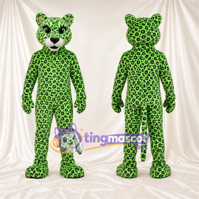 Maskottchenkostüm Leopard – grün / schwarz – Schnauze (weiß); Rosettenflecken