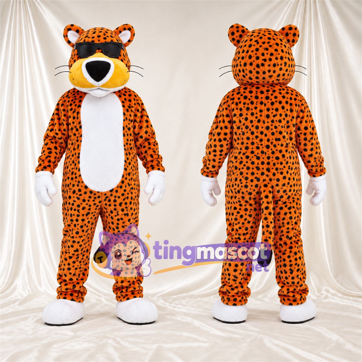 Costume de mascotte Guépard – orange – Lunettes de soleil; Pieds (blanc)