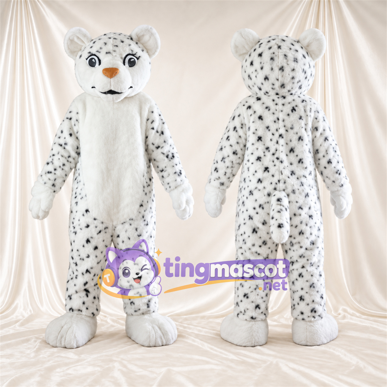 Costume de mascotte Léopard des neiges – blanc – Nez (orange); Petites taches serrées Costume de mascotte Léopard des neiges – blanc – Nez (orange); Petites taches serrées