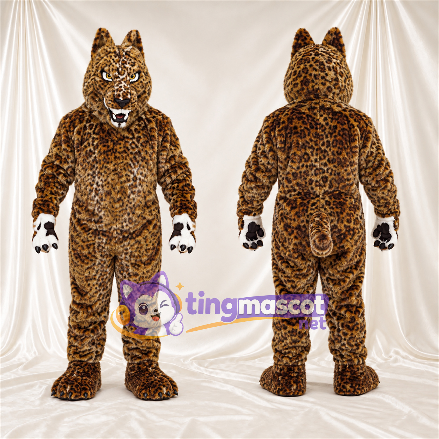 Costume de mascotte Léopard – brun clair / noir – Oreilles pointues; Mains (blanc) Costume de mascotte Léopard – brun clair / noir – Oreilles pointues; Mains (blanc)