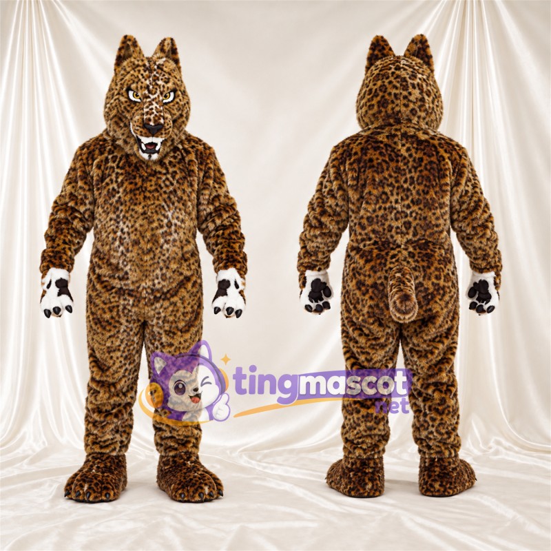 Costume de mascotte Léopard – brun clair / noir – Oreilles pointues; Mains (blanc)