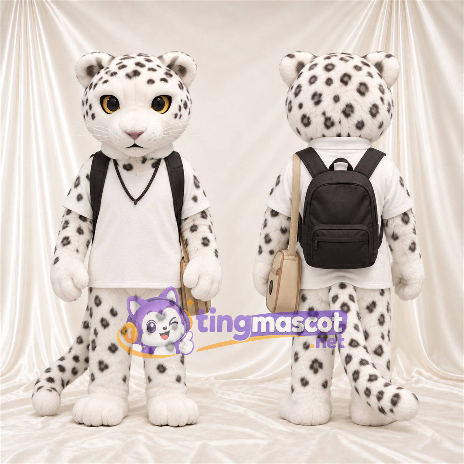 Costume de mascotte Léopard des neiges – blanc – Chemise (blanc); Sac à dos (noir) Costume de mascotte Léopard des neiges – blanc – Chemise (blanc); Sac à dos (noir)