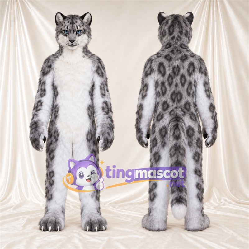 Costume de mascotte Léopard des neiges – blanc / gris – Ventre (blanc); Longue queue