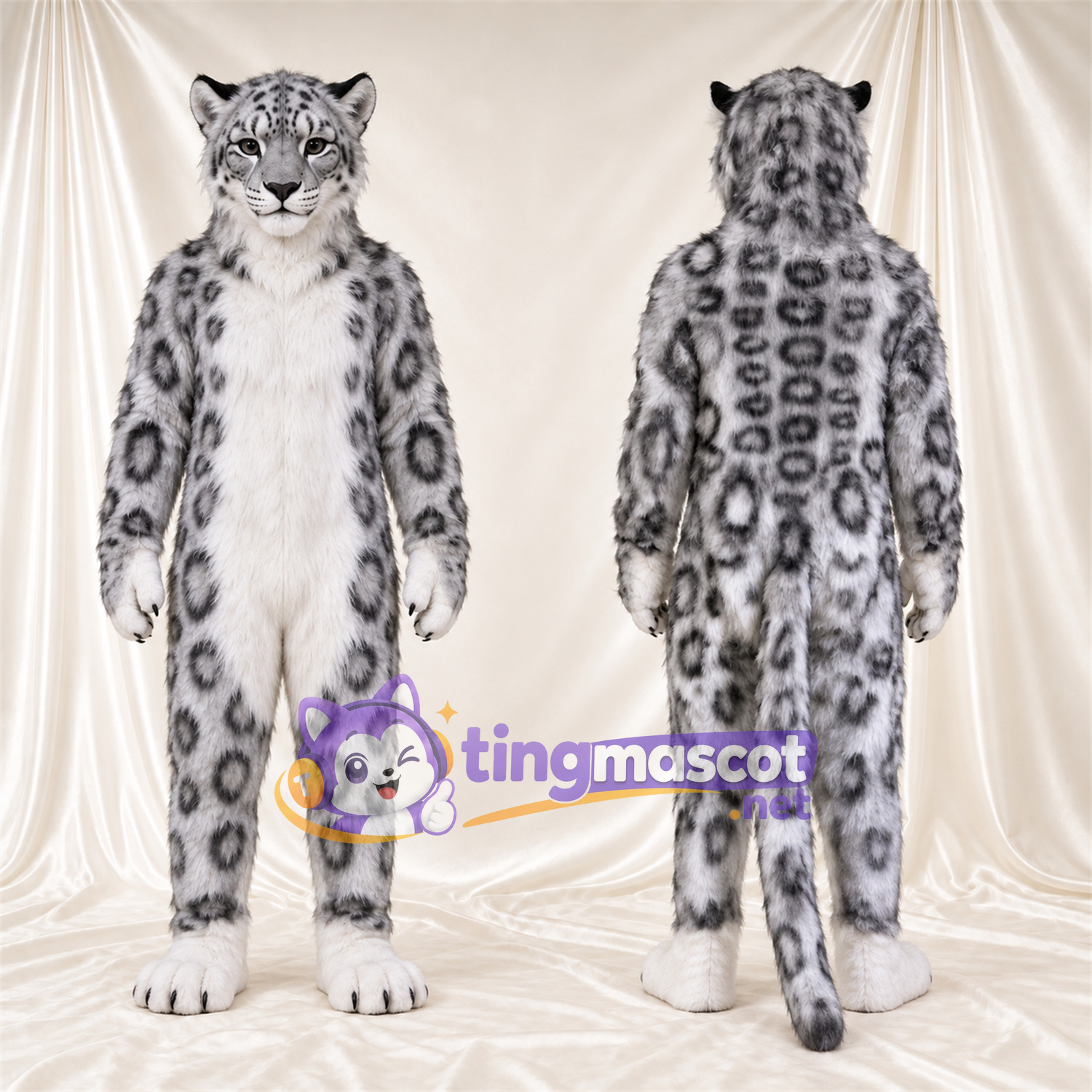 Costume de mascotte Léopard des neiges – blanc / gris – Ventre (blanc); Taches en rosettes Costume de mascotte Léopard des neiges – blanc / gris – Ventre (blanc); Taches en rosettes