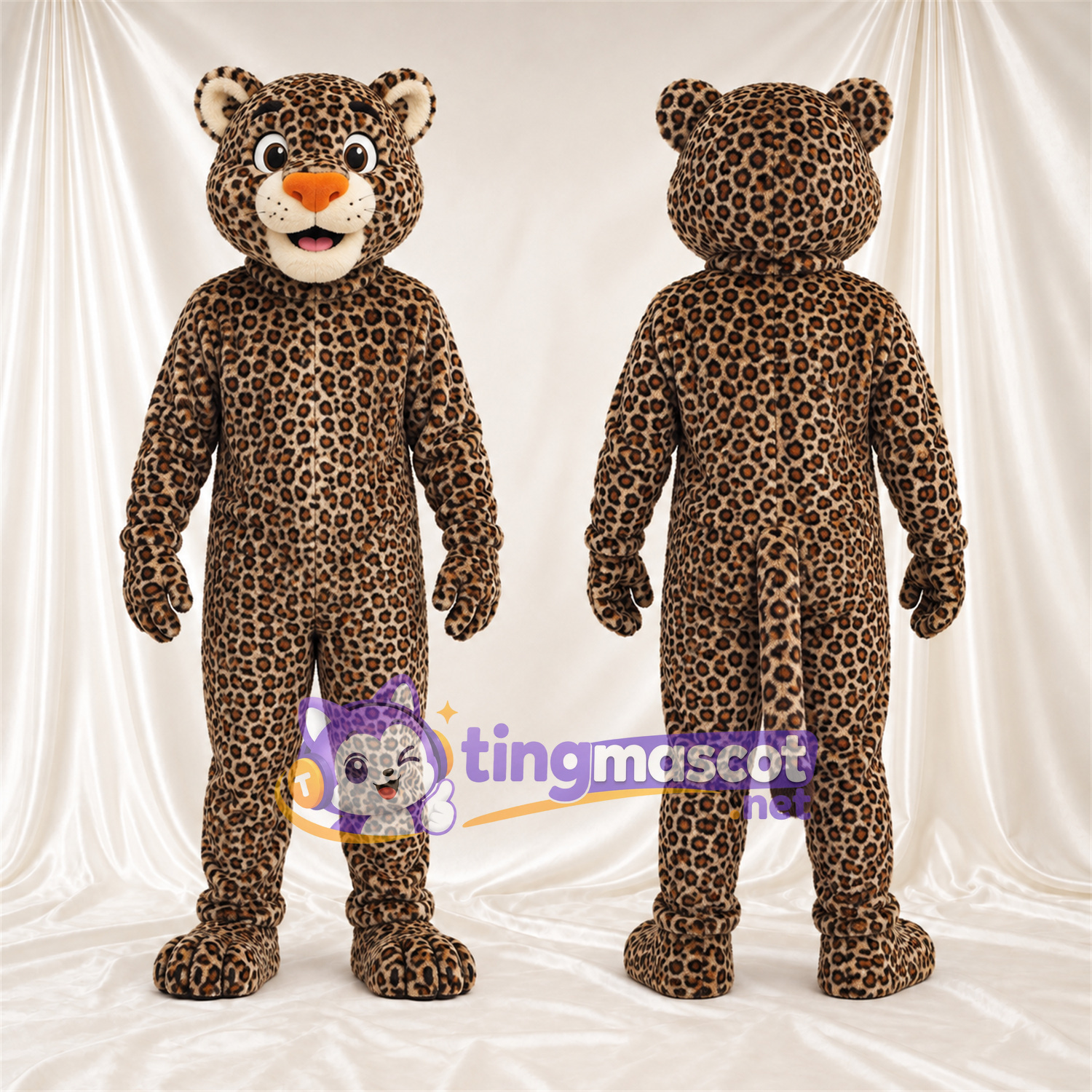 Costume de mascotte Léopard – brun clair / noir – Bouche ouverte; Tête Costume de mascotte Léopard – brun clair / noir – Bouche ouverte; Tête
