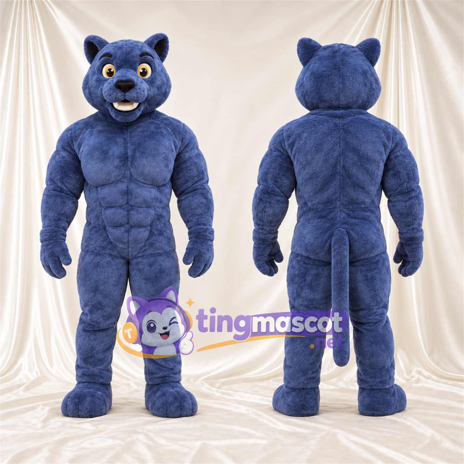 Maskottchenkostüm Panther – blau – Muskelbrust; Augen (gelb) Maskottchenkostüm Panther – blau – Muskelbrust; Augen (gelb)