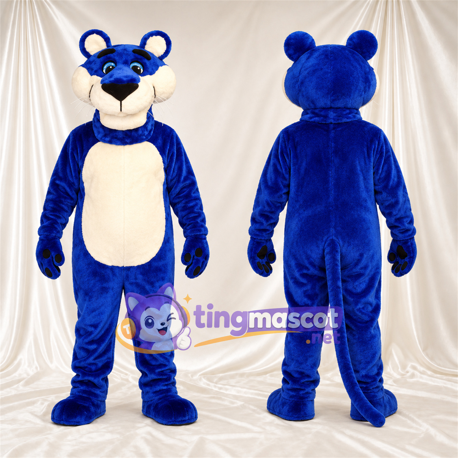 Maskottchenkostüm Panther – blau – Bauch (creme); Pfotenballen (schwarz) Maskottchenkostüm Panther – blau – Bauch (creme); Pfotenballen (schwarz)