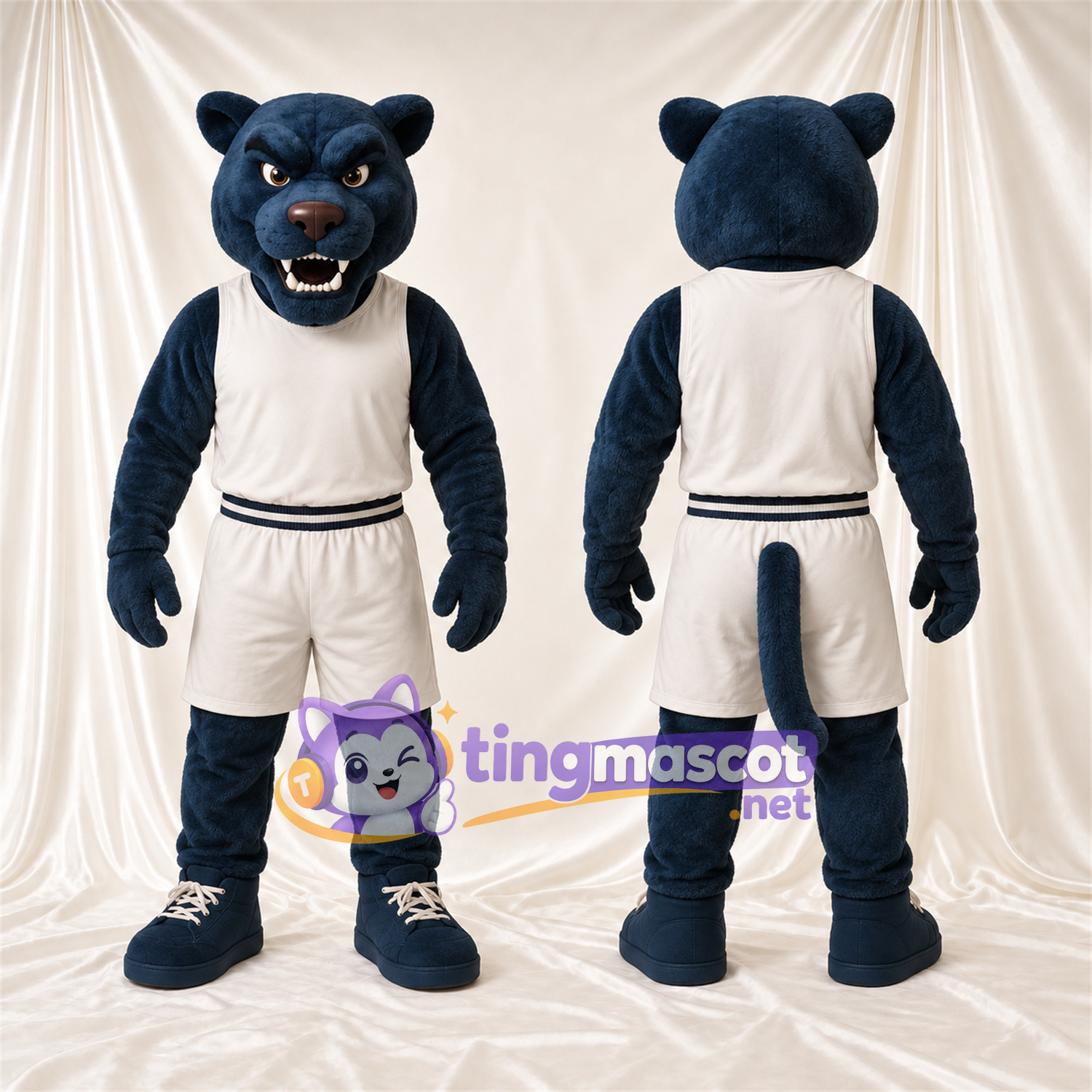 Costume de mascotte Chat sauvage – bleu – Tenue de sport (blanc) Costume de mascotte Chat sauvage – bleu – Tenue de sport (blanc)
