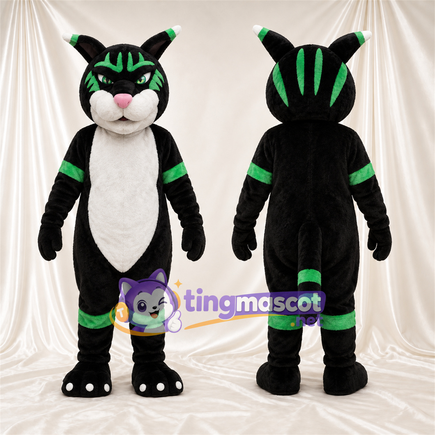 Costume de mascotte Chat – noir – Rayures (vert); Ventre (blanc) Costume de mascotte Chat – noir – Rayures (vert); Ventre (blanc)