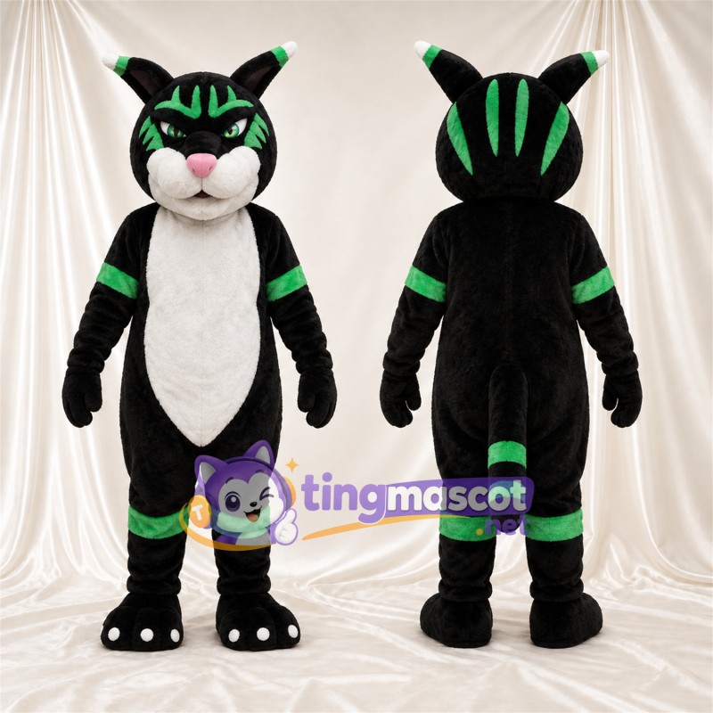 Costume de mascotte Chat – noir – Rayures (vert); Ventre (blanc)