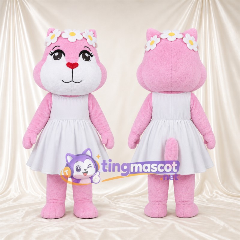 Costume de mascotte Chat – rose – Robe (blanc); Couronne