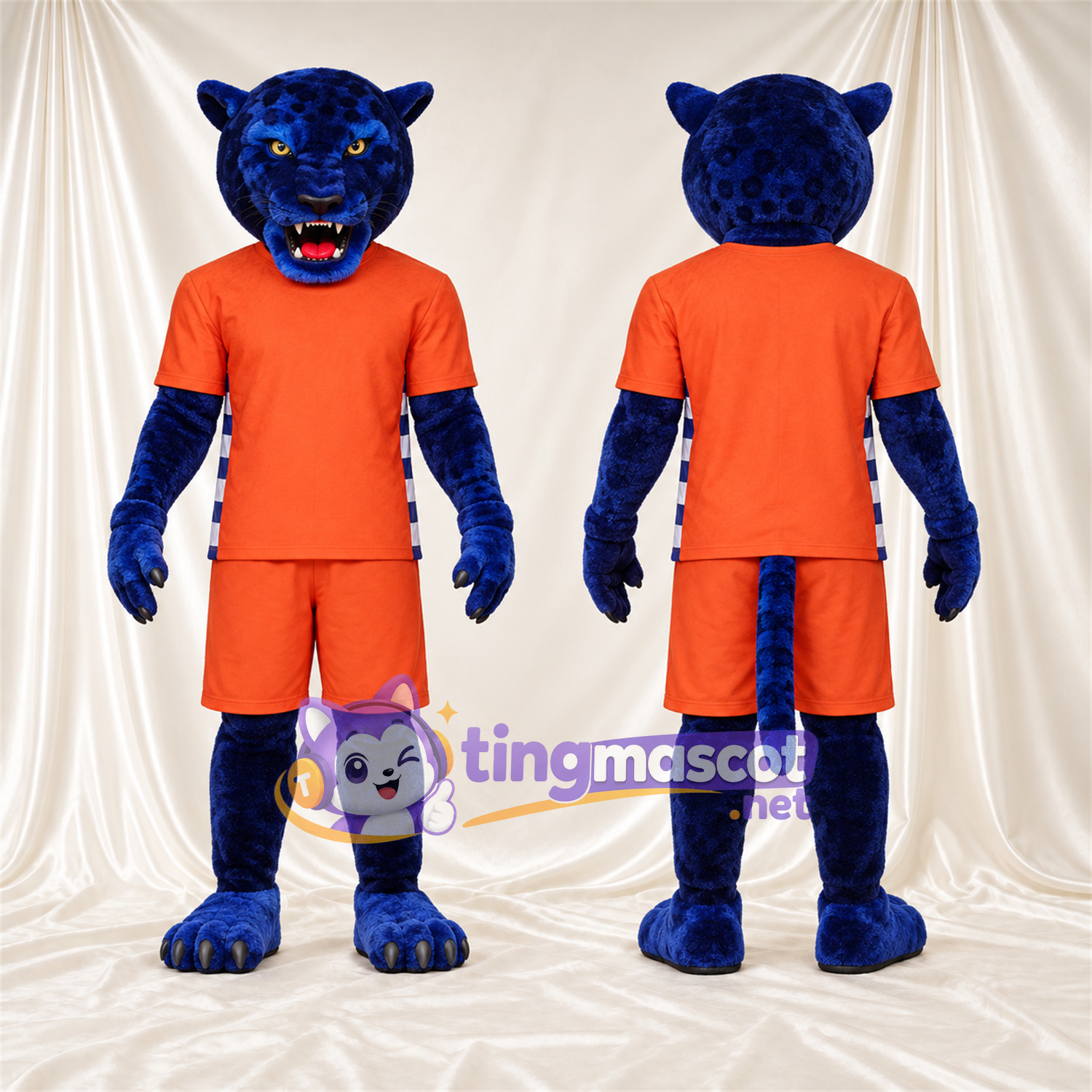 Costume de mascotte Panthère – bleu – Tenue de sport (orange); Crocs pointus Costume de mascotte Panthère – bleu – Tenue de sport (orange); Crocs pointus