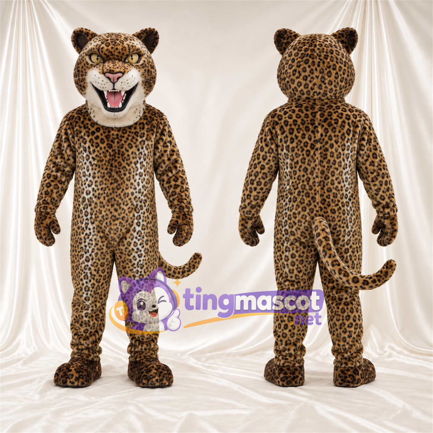 Costume de mascotte Léopard – brun clair / noir – Bouche ouverte; Crocs pointus