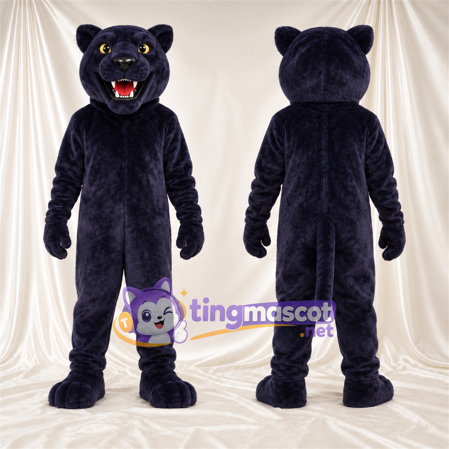 Maskottchenkostüm Panther – blau – Augen (gelb); Spitze Fangzähne Maskottchenkostüm Panther – blau – Augen (gelb); Spitze Fangzähne