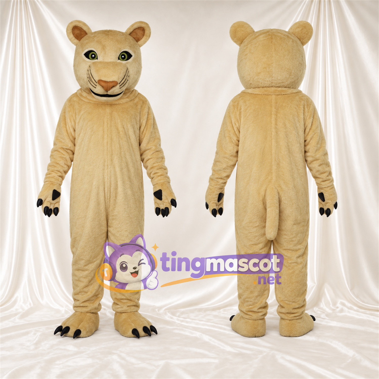 Costume de mascotte Chat sauvage – brun clair – Griffes (noir); Bouche fermée Costume de mascotte Chat sauvage – brun clair – Griffes (noir); Bouche fermée