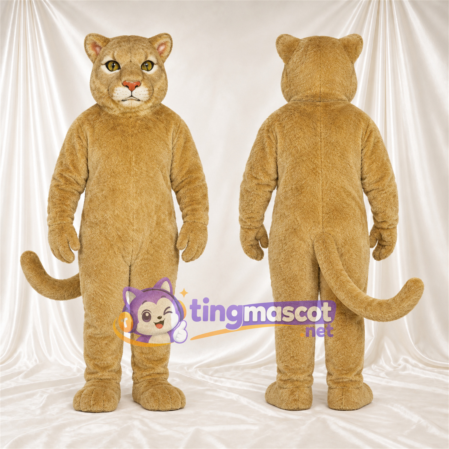 Costume de mascotte Chat sauvage – brun clair – Queue enroulée; Bouche fermée Costume de mascotte Chat sauvage – brun clair – Queue enroulée; Bouche fermée