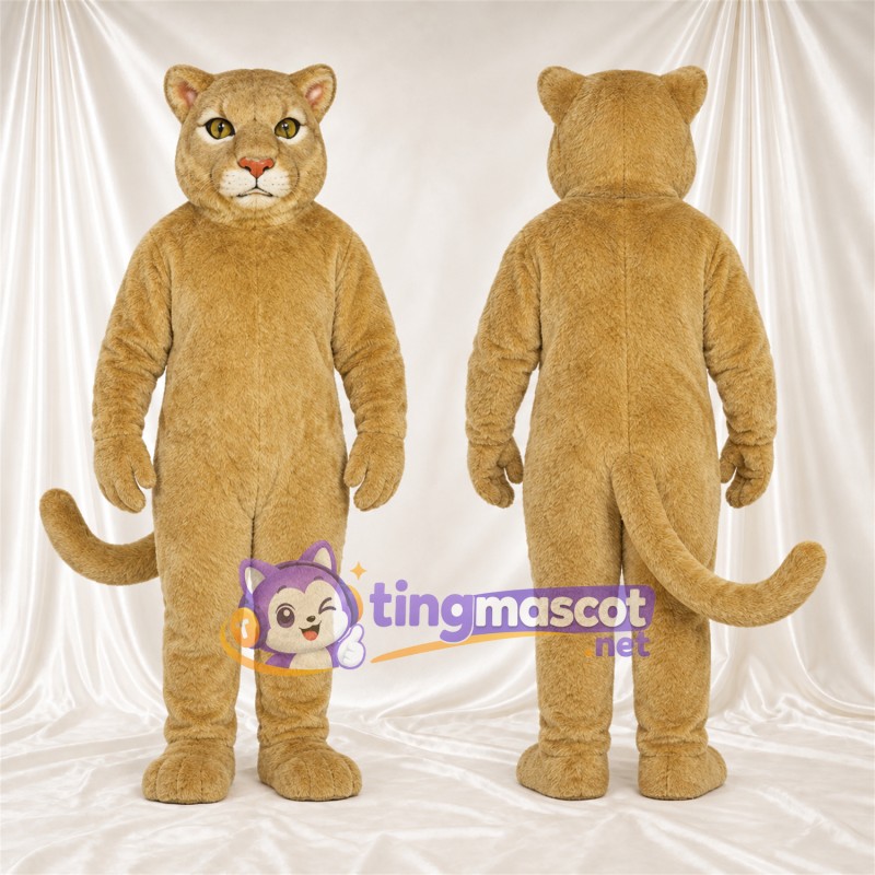 Costume de mascotte Chat sauvage – brun clair – Queue enroulée; Bouche fermée