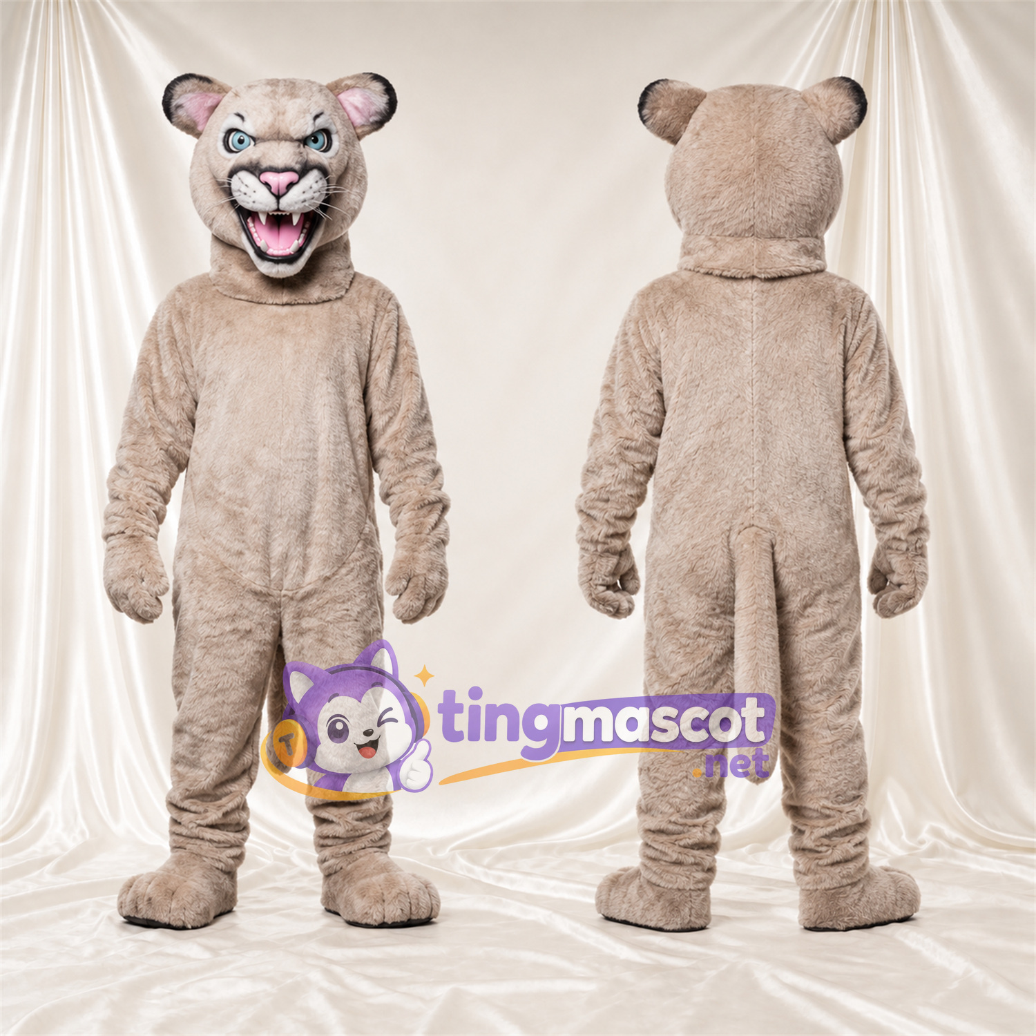 Costume de mascotte Chat sauvage – brun clair – Intérieur des oreilles (gris); Crocs pointus Costume de mascotte Chat sauvage – brun clair – Intérieur des oreilles (gris); Crocs pointus