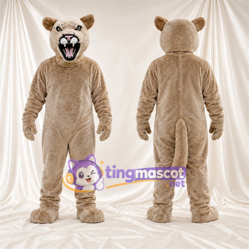 Costume de mascotte Chat sauvage – brun clair – Bouche ouverte; Crocs pointus
