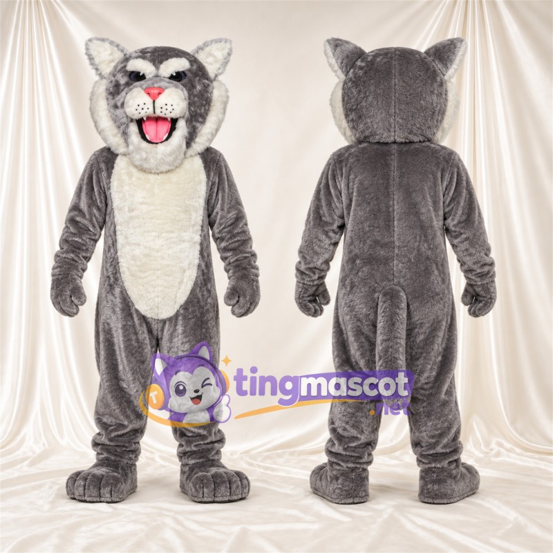 Maskottchenkostüm Rotluchs – grau / weiß – Bauch (weiß); Spitze Fangzähne