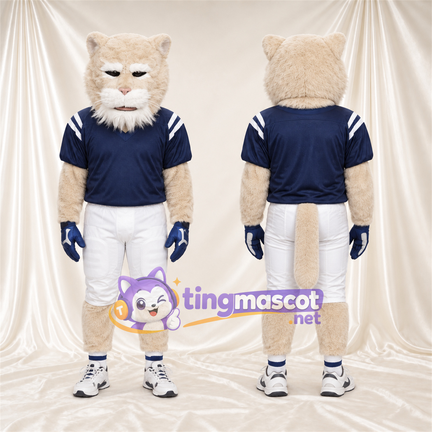 Costume de mascotte Chat sauvage – crème – Chemise (bleu marine); Pantalon (blanc) Costume de mascotte Chat sauvage – crème – Chemise (bleu marine); Pantalon (blanc)
