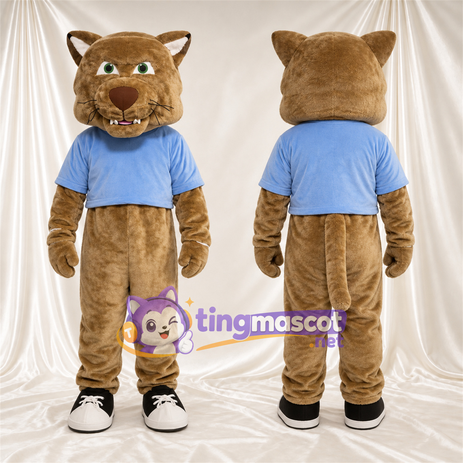 Costume de mascotte Lynx roux – brun clair – Chemise (bleu) Costume de mascotte Lynx roux – brun clair – Chemise (bleu)