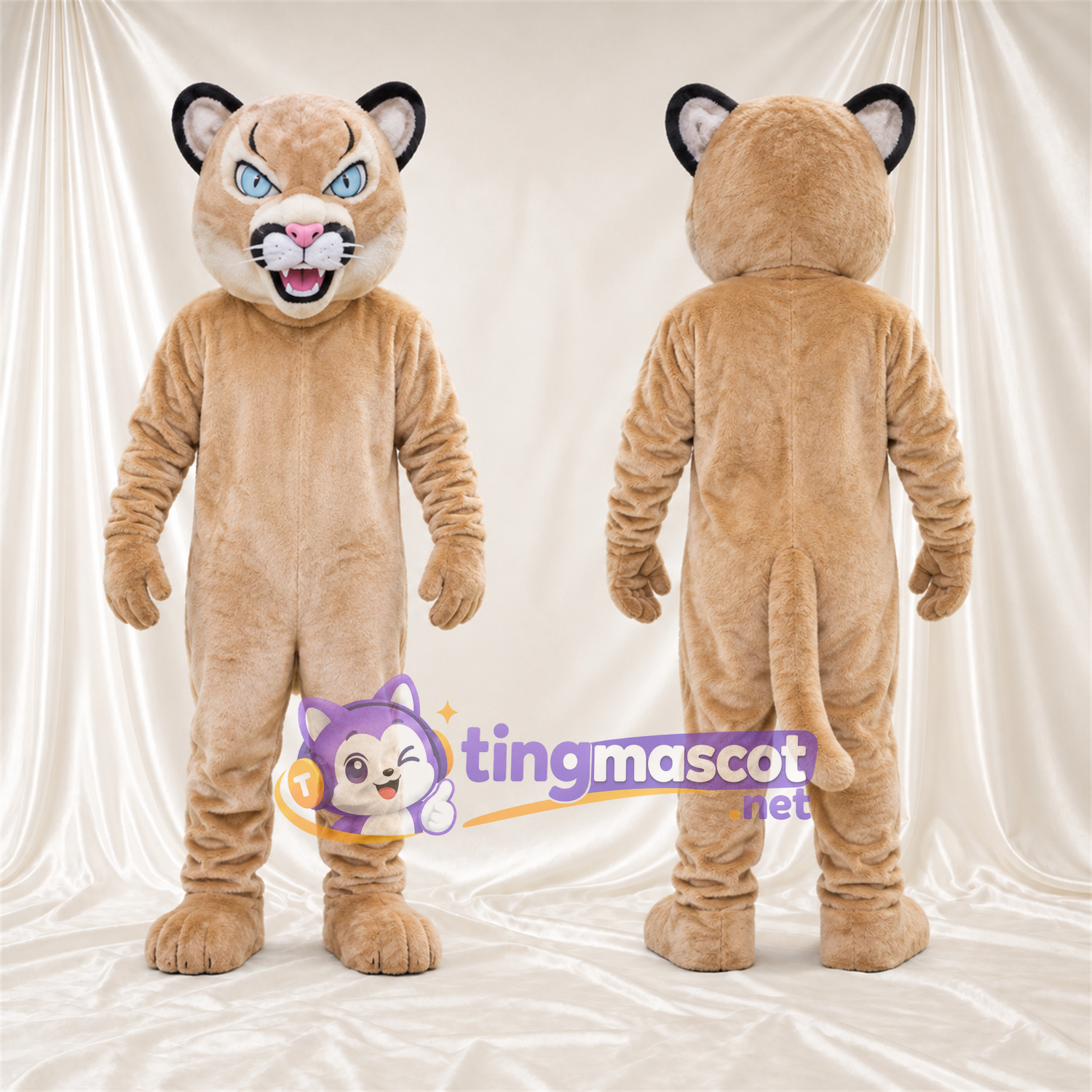 Costume de mascotte Puma – brun clair – Intérieur des oreilles (rose); Yeux (bleu) Costume de mascotte Puma – brun clair – Intérieur des oreilles (rose); Yeux (bleu)