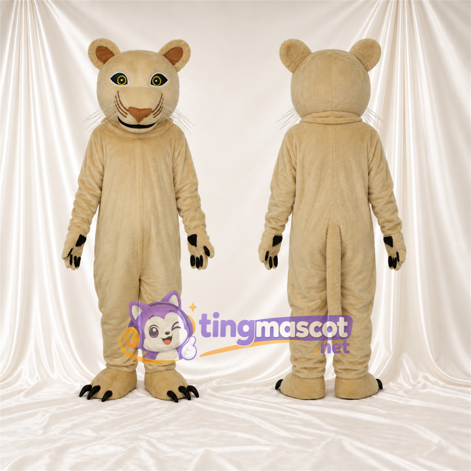 Costume de mascotte Chat sauvage – brun clair – Griffes (noir); Visage souriant Costume de mascotte Chat sauvage – brun clair – Griffes (noir); Visage souriant