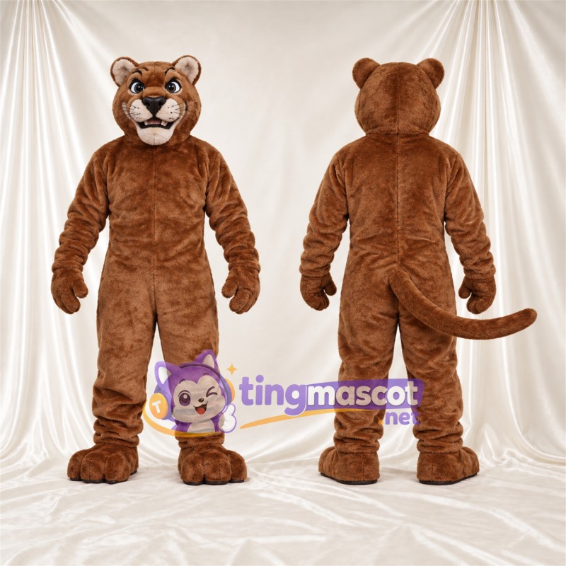 Costume de mascotte Chat sauvage – marron – Queue enroulée; Sourire avec dents