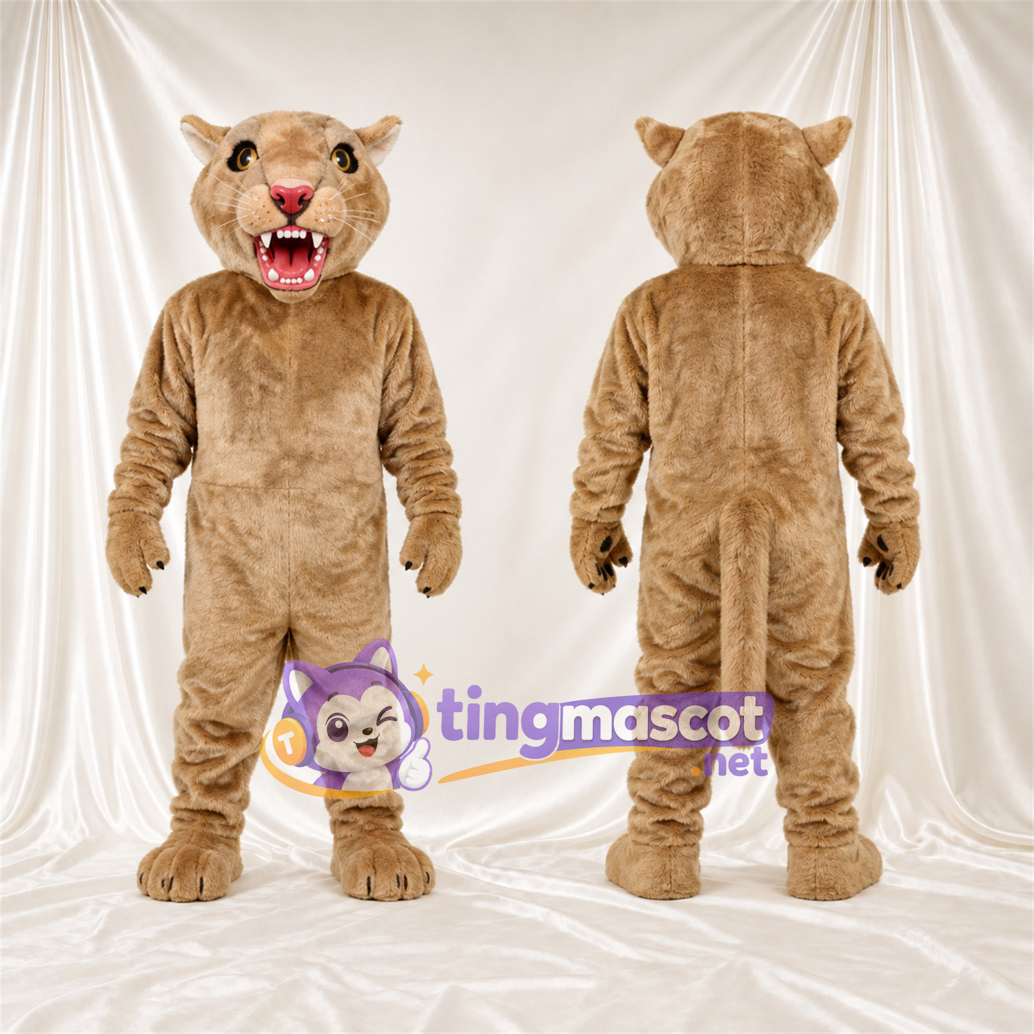 Costume de mascotte Chat sauvage – brun clair – Nez (rose); Crocs pointus Costume de mascotte Chat sauvage – brun clair – Nez (rose); Crocs pointus