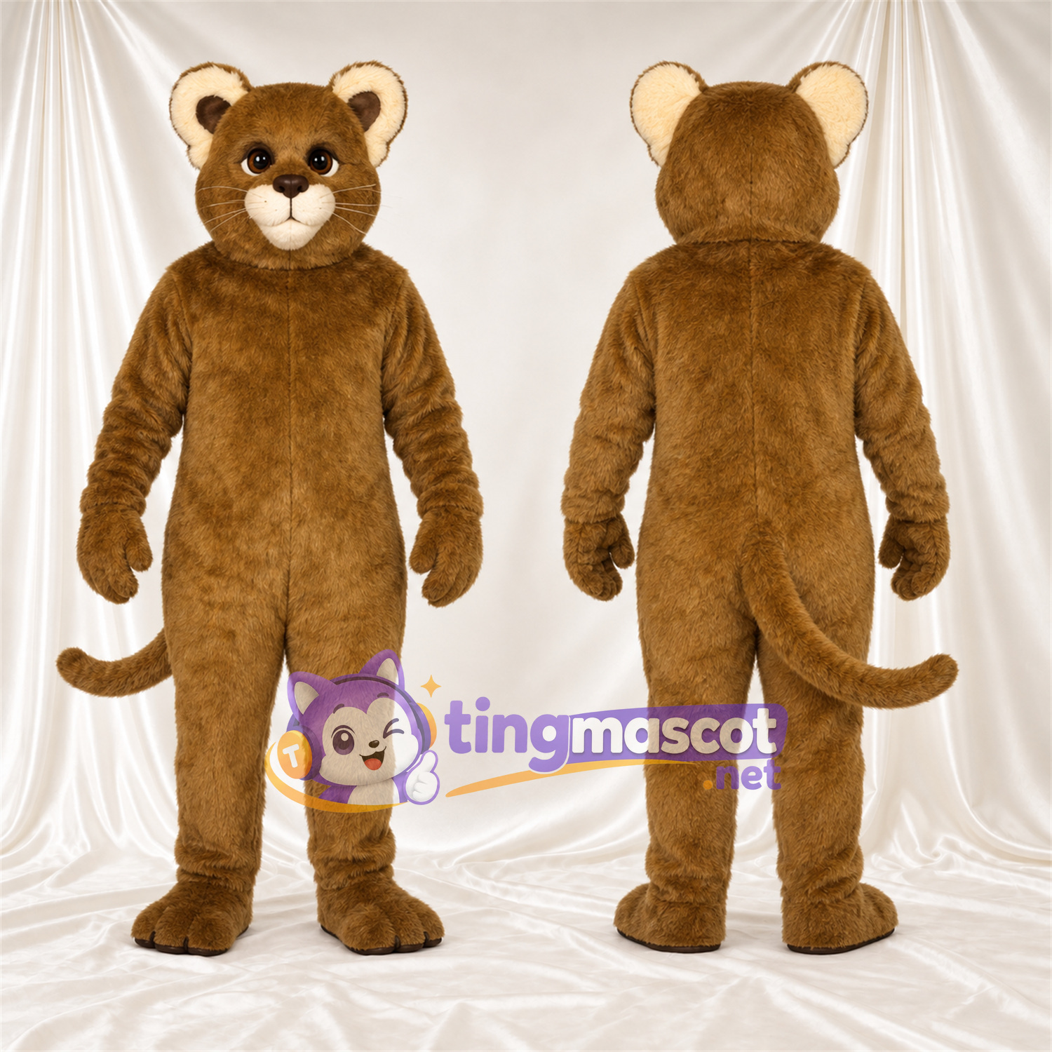 Costume de mascotte Puma – brun clair – Intérieur des oreilles (crème); Queue enroulée Costume de mascotte Puma – brun clair – Intérieur des oreilles (crème); Queue enroulée