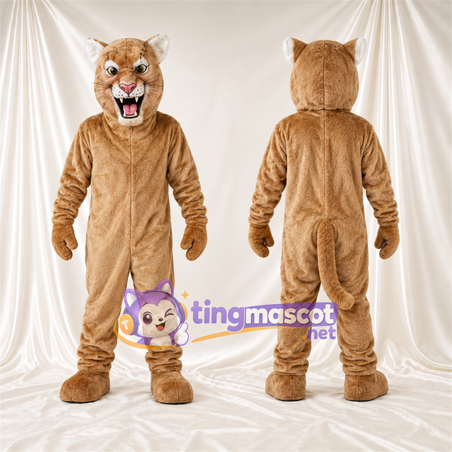 Costume de mascotte Chat sauvage – brun clair – Oreilles pointues; Crocs pointus Costume de mascotte Chat sauvage – brun clair – Oreilles pointues; Crocs pointus