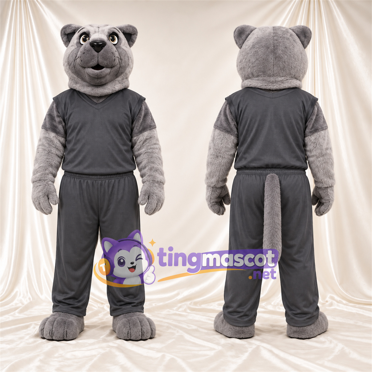 Costume de mascotte Chien – gris – Survêtement (gris foncé) Costume de mascotte Chien – gris – Survêtement (gris foncé)